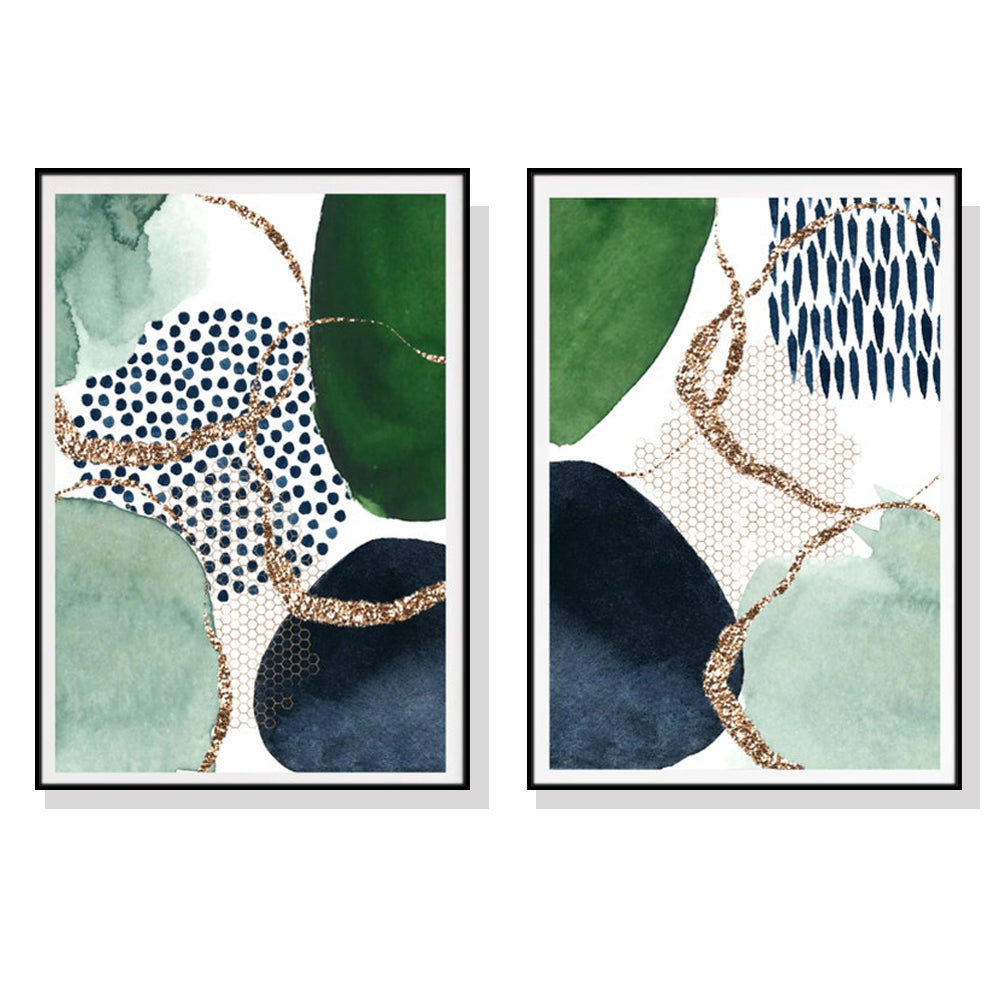 Wall Art 70cmx100cm Abstract Green and Navy 2 Sets Black Frame Canvas