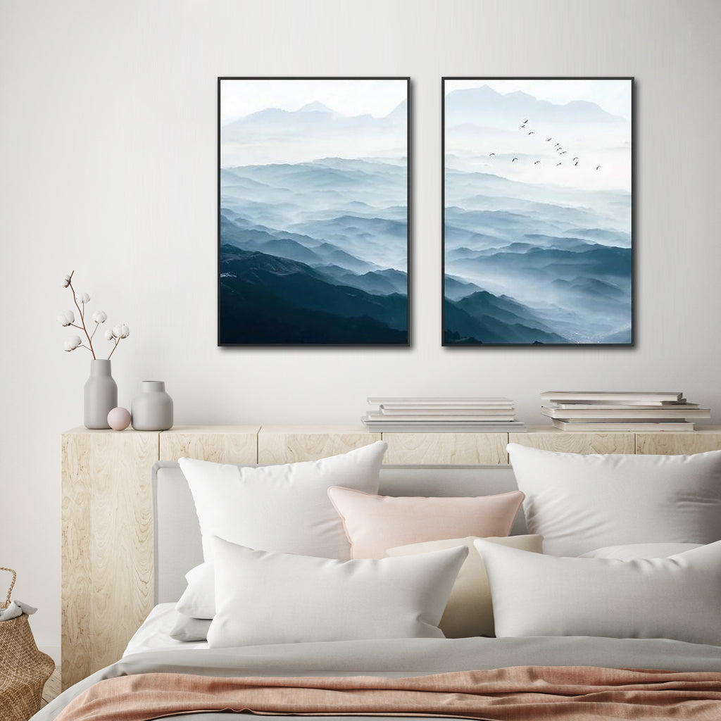 Wall Art 70cmx100cm Blue mountains 2 Sets Black Frame Canvas