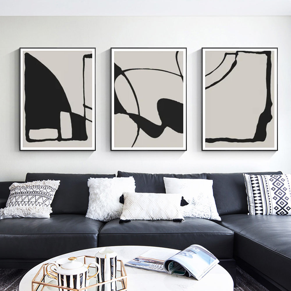 Wall Art 70cmx100cm Black Beige 3 Sets Black Frame Canvas