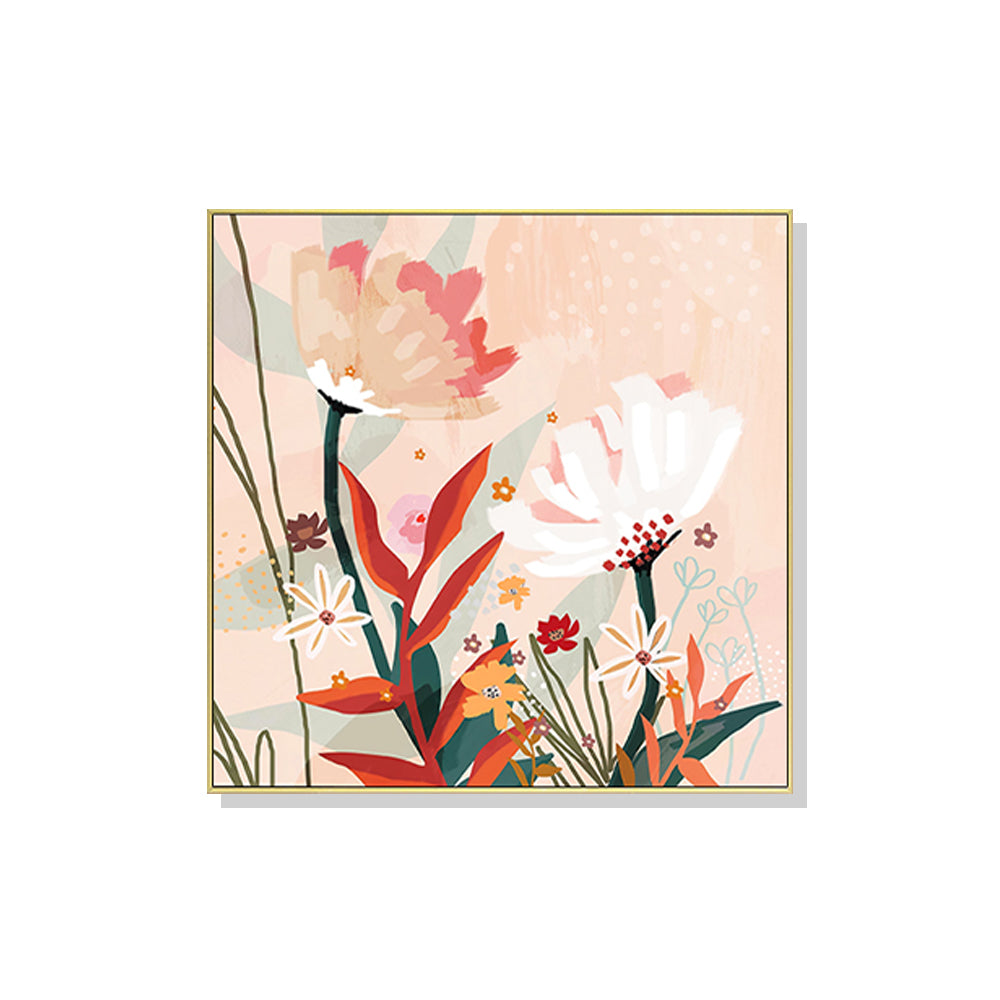 Wall Art 100cmx100cm Native Floral Gold Frame Canvas