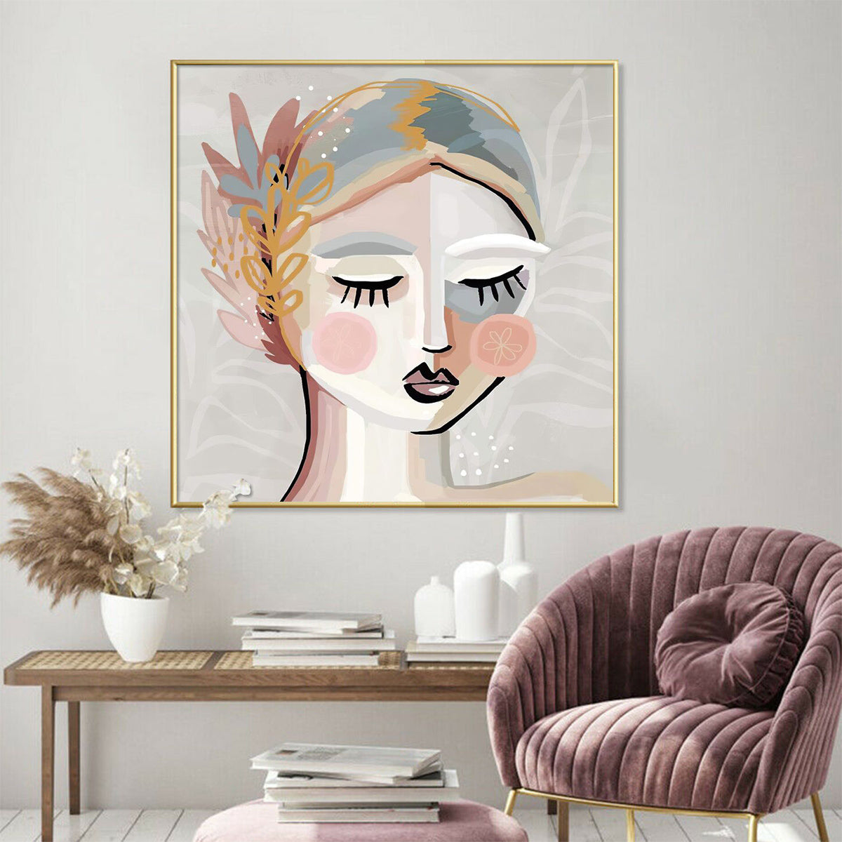 Wall Art 100cmx100cm Calm Girl Gold Frame Canvas