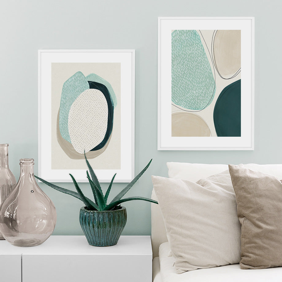 Wall Art 100cmx150cm Abstract Green Circle 2 Sets White Frame Canvas