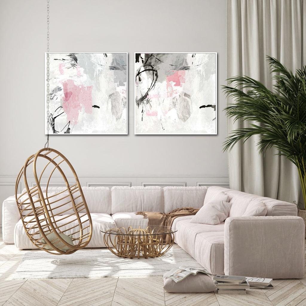 Wall Art 100cmx100cm Abstract Pink Grey 2 Sets White Frame Canvas