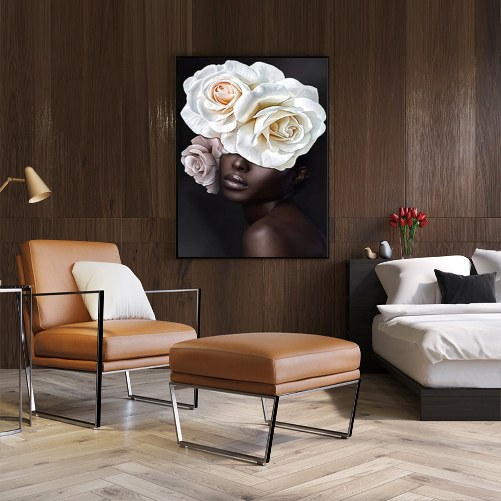 Wall Art 40cmx60cm Flower African Woman Black Frame Canvas