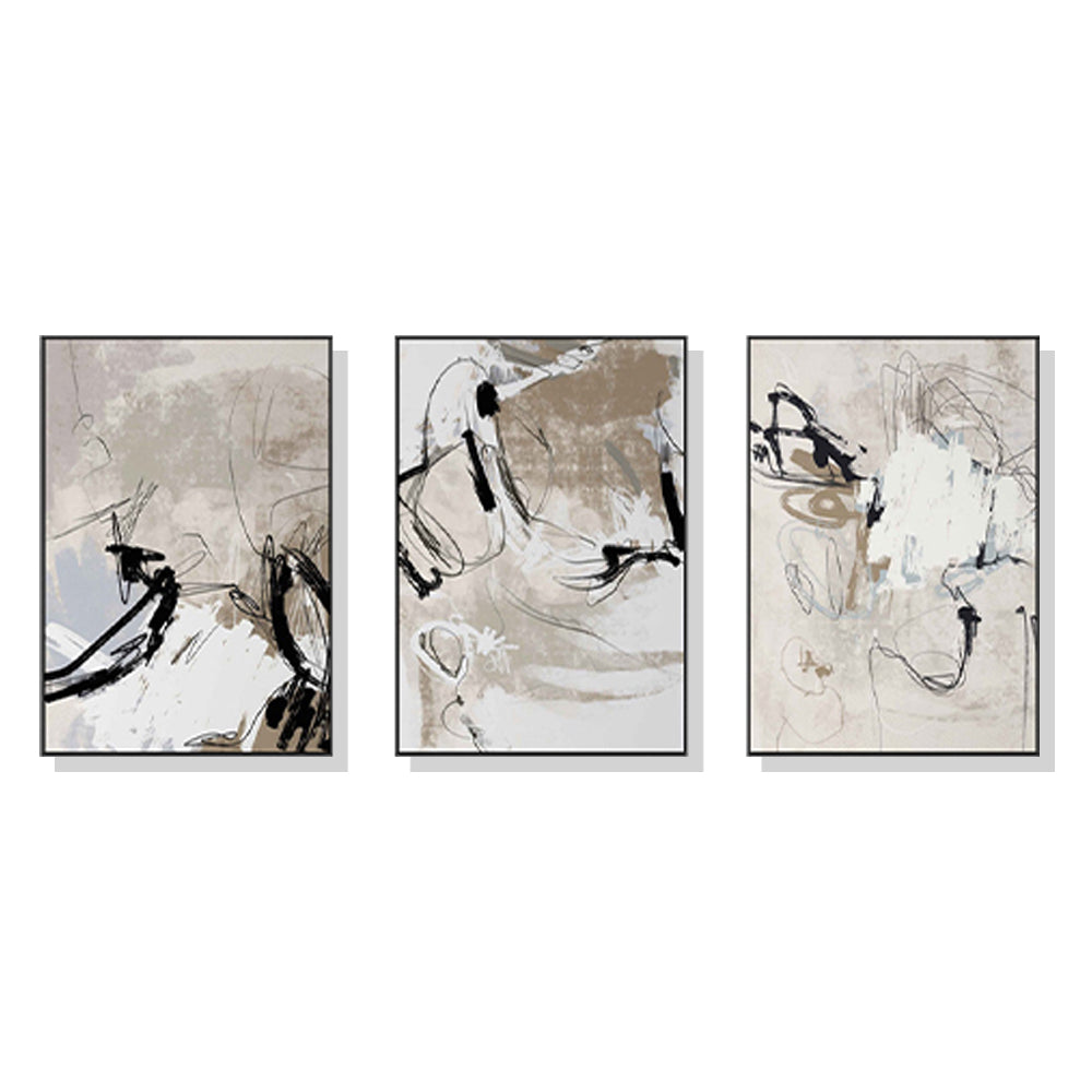 Wall Art 70cmx100cm Modern Abstract Beige 3 Sets Black Frame Canvas