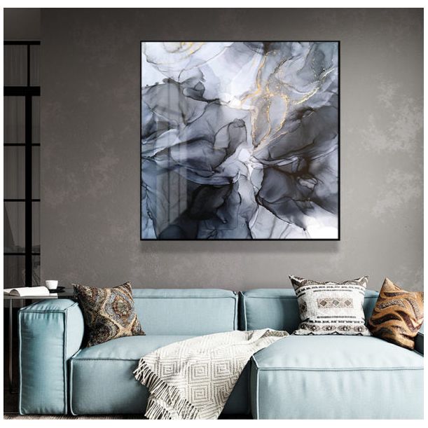 Wall Art 100cmx100cm Marbled Black Grey Black Frame Canvas