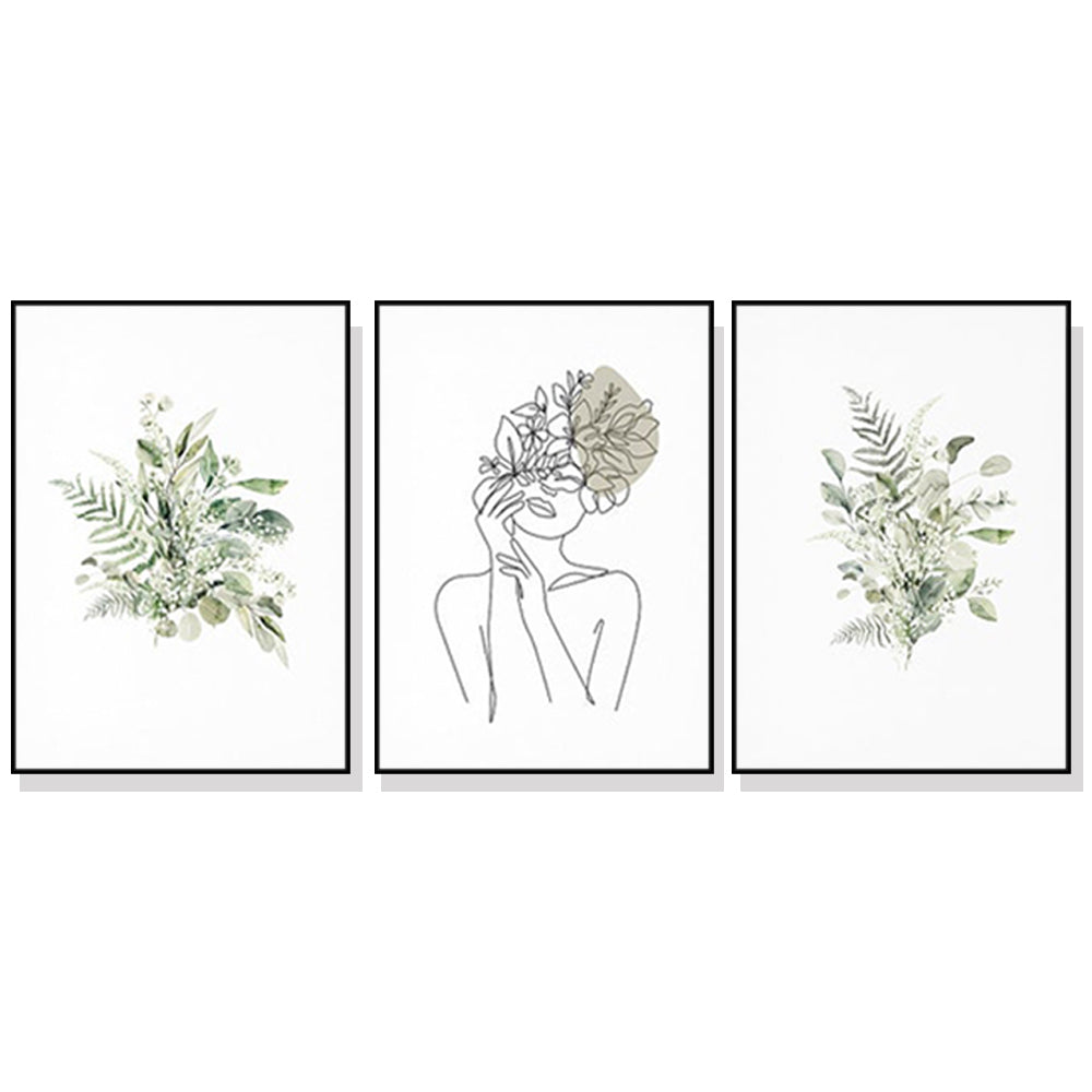 Wall Art 80cmx120cm Botanical Line Girl 3 Sets Black Frame Canvas