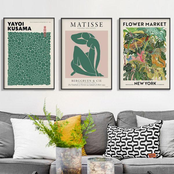 Wall Art 80cmx120cm Flower Market, Matisse Print, Yayoi Kusama 3 Sets Black Frame Canvas