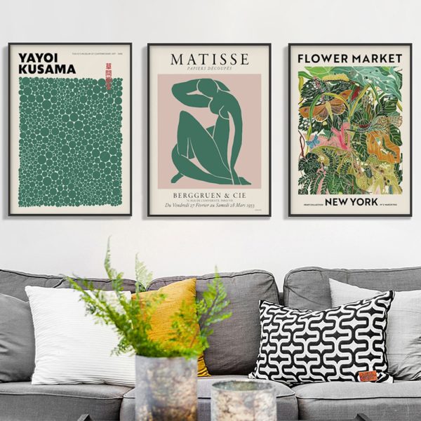 Wall Art 100cmx150cm Flower Market, Matisse Print, Yayoi Kusama 3 Sets Black Frame Canvas