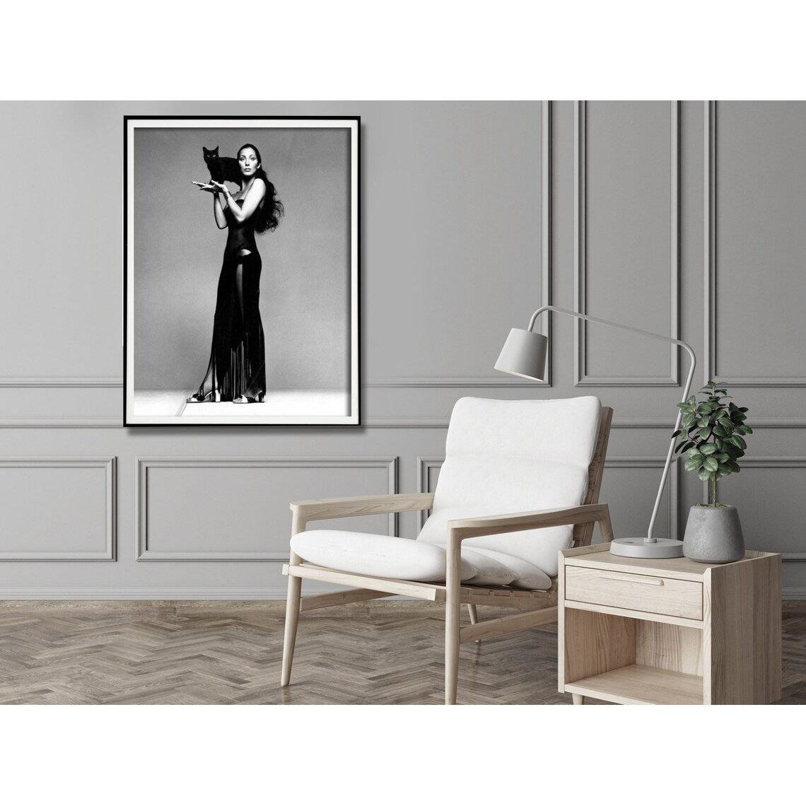 Wall Art 70cmx100cm Cher Music Black and White, Black Frame Canvas
