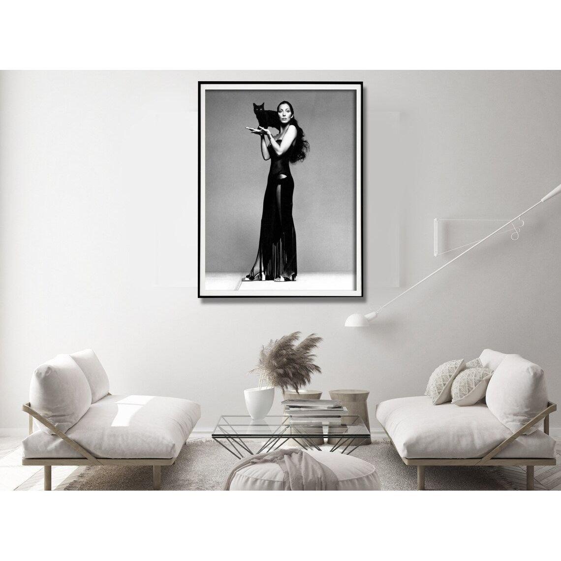 Wall Art 70cmx100cm Cher Music Black and White, Black Frame Canvas