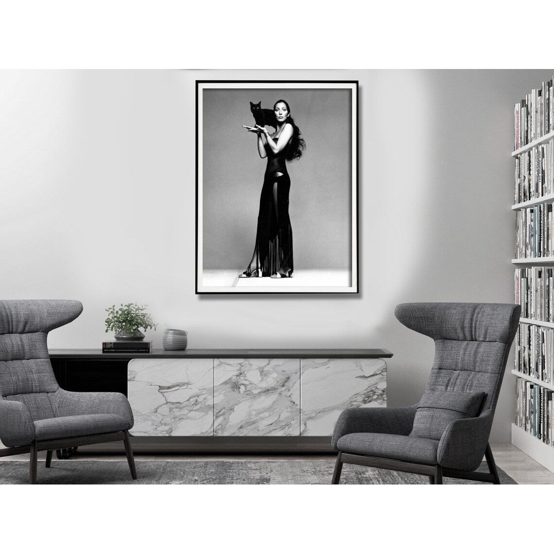 Wall Art 80cmx120cm Cher Music Black and White, Black Frame Canvas