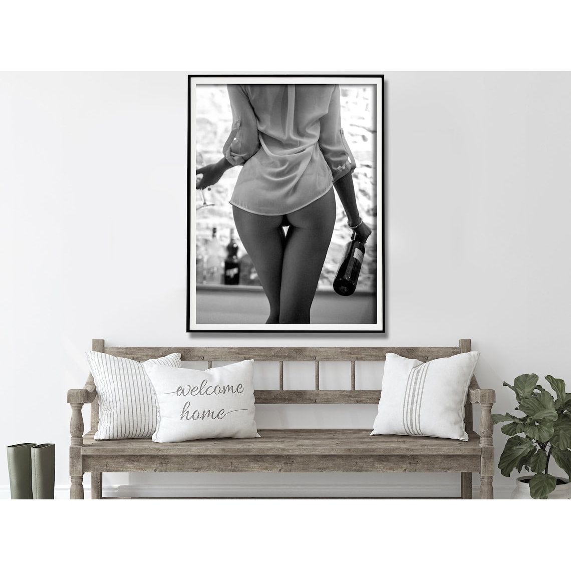 Wall Art 30cmx40cm Woman Drinking Wine , Black and White, Black Frame Canvas