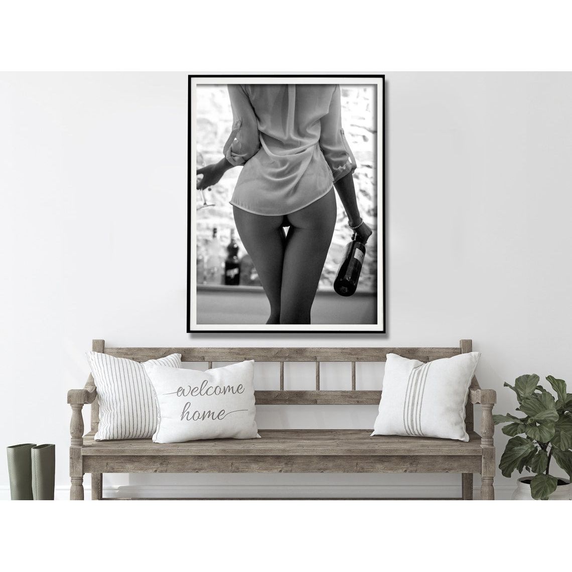 Wall Art 40cmx60cm Woman Drinking Wine , Black and White, Black Frame Canvas