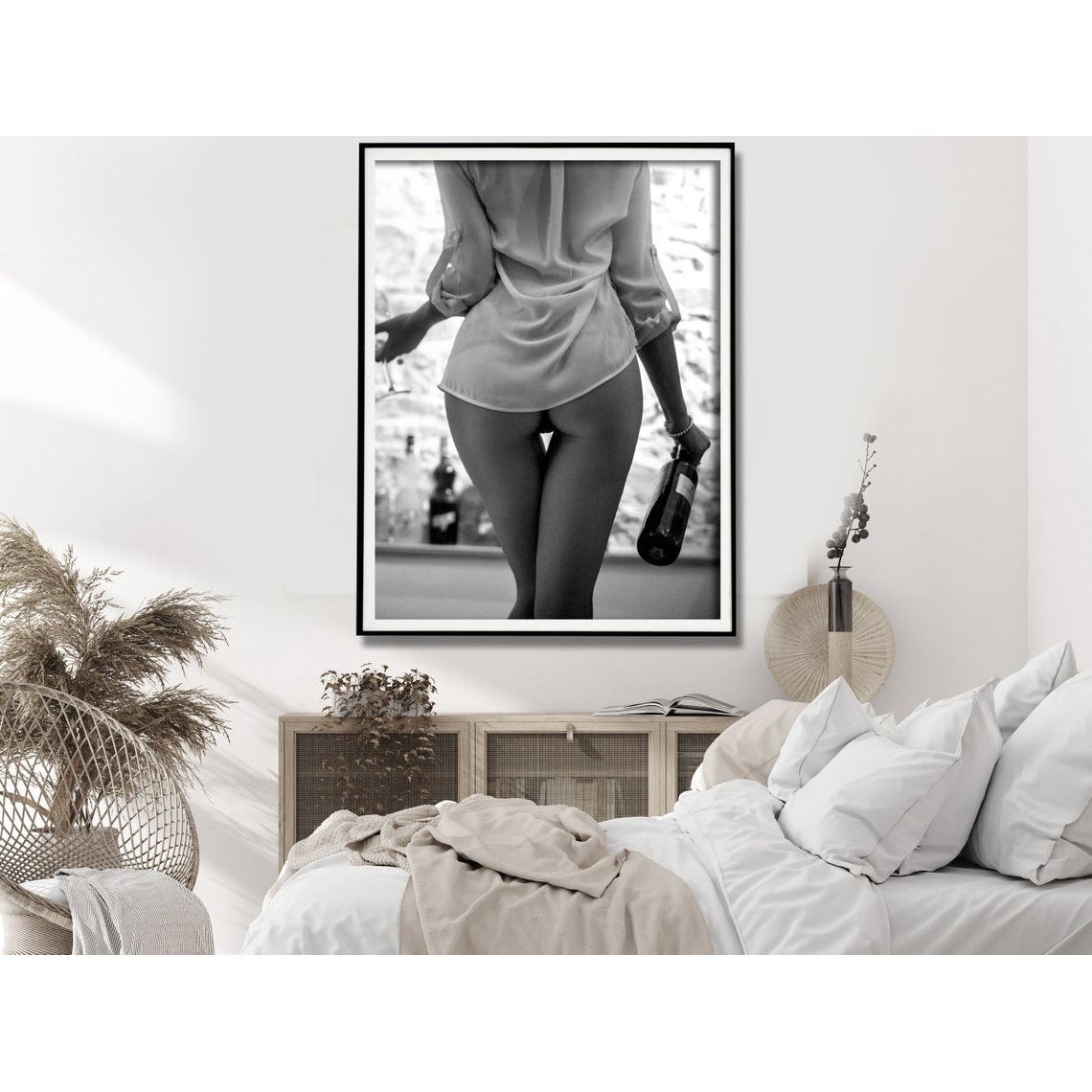 Wall Art 50cmx70cm Woman Drinking Wine , Black and White, Black Frame Canvas