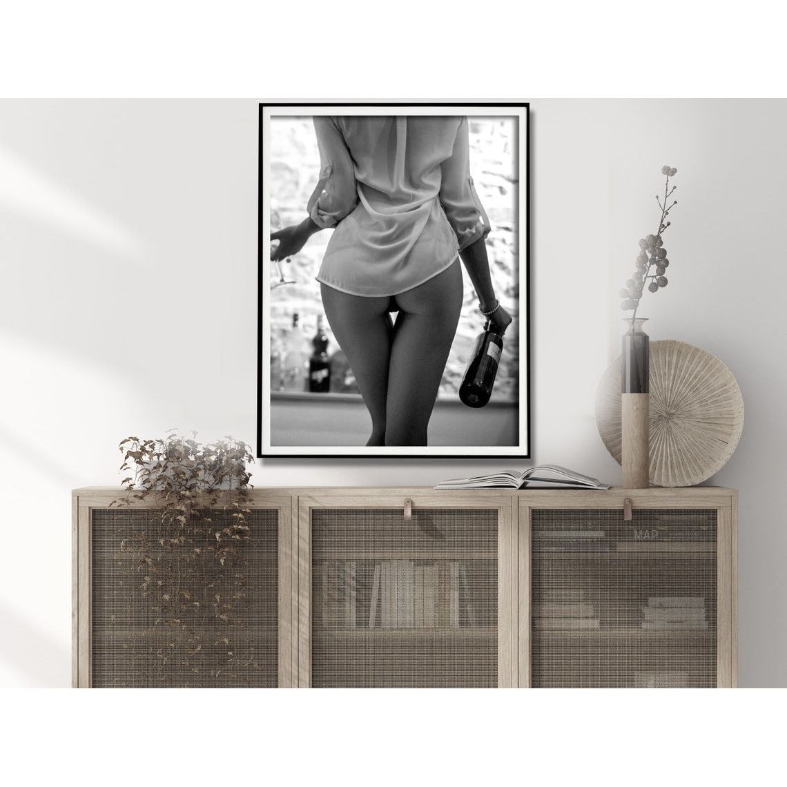 Wall Art 50cmx70cm Woman Drinking Wine , Black and White, Black Frame Canvas