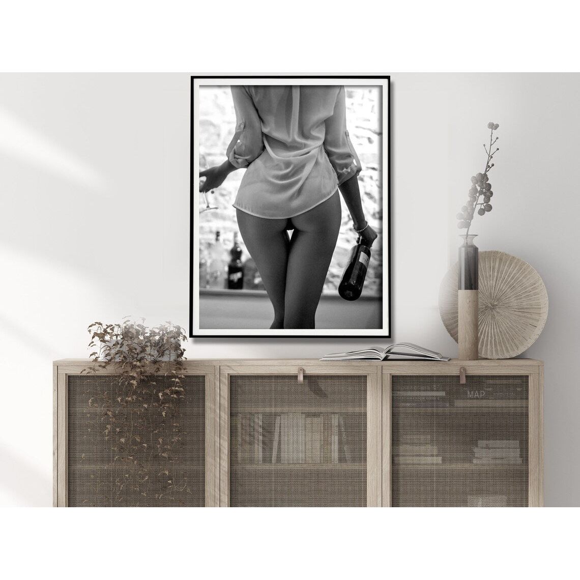 Wall Art 60cmx90cm Woman Drinking Wine , Black and White, Black Frame Canvas