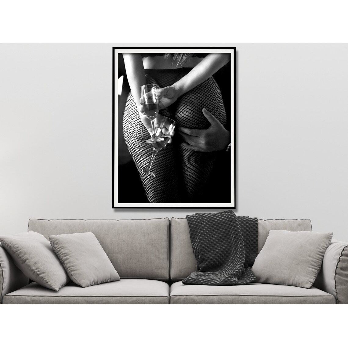 Wall Art 50cmx70cm Woman Drinking Wine In The Bar, Black Frame Canvas