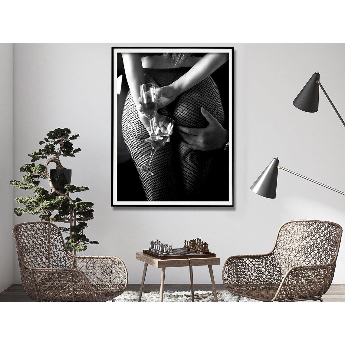 Wall Art 50cmx70cm Woman Drinking Wine In The Bar, Black Frame Canvas