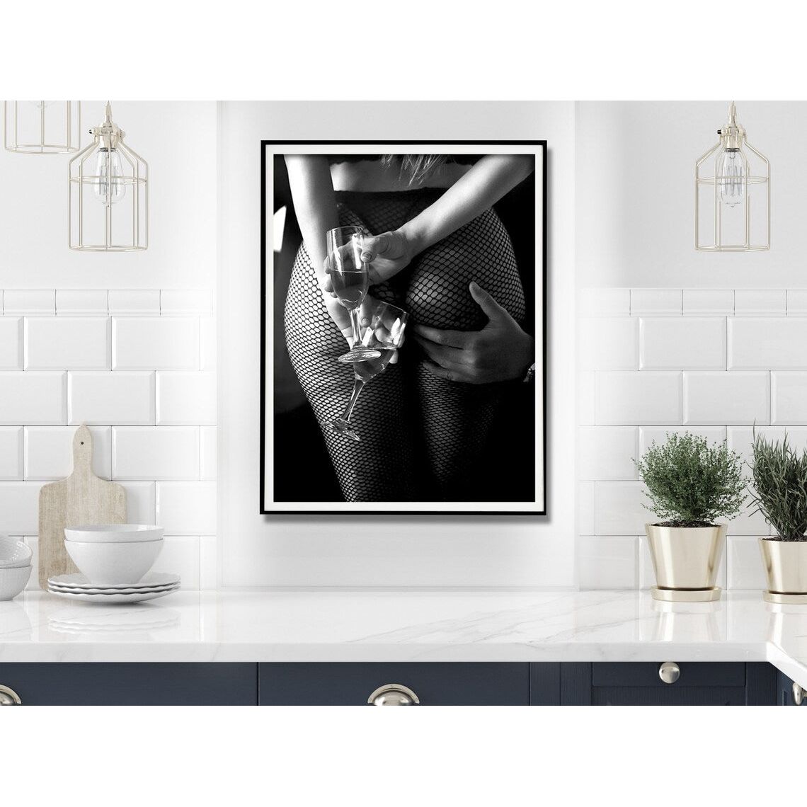 Wall Art 50cmx70cm Woman Drinking Wine In The Bar, Black Frame Canvas