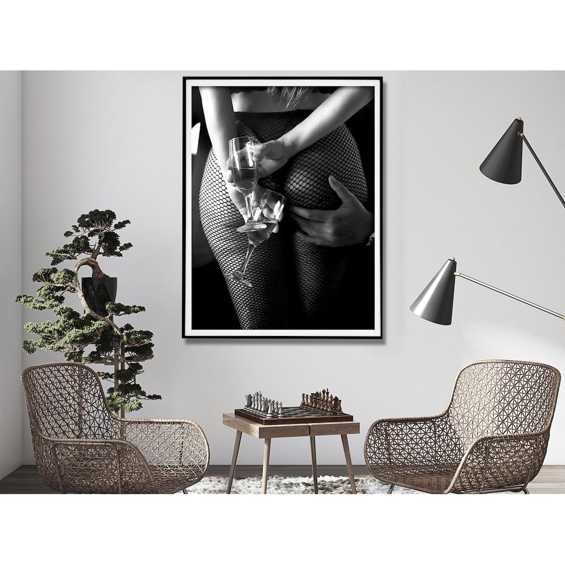 Wall Art 100cmx150cm Woman Drinking Wine In The Bar, Black Frame Canvas