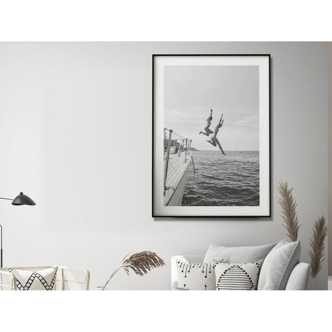 Wall Art 30cmx40cm Black and White Ocean Jump, Black Frame Canvas