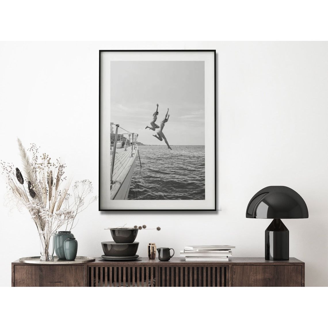 Wall Art 40cmx60cm Black and White Ocean Jump, Black Frame Canvas