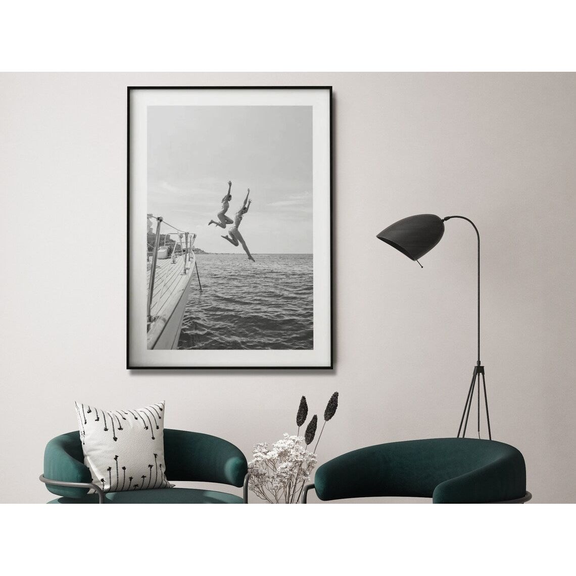 Wall Art 40cmx60cm Black and White Ocean Jump, Black Frame Canvas