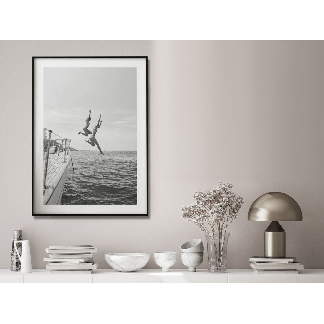 Wall Art 60cmx90cm Black and White Ocean Jump, Black Frame Canvas