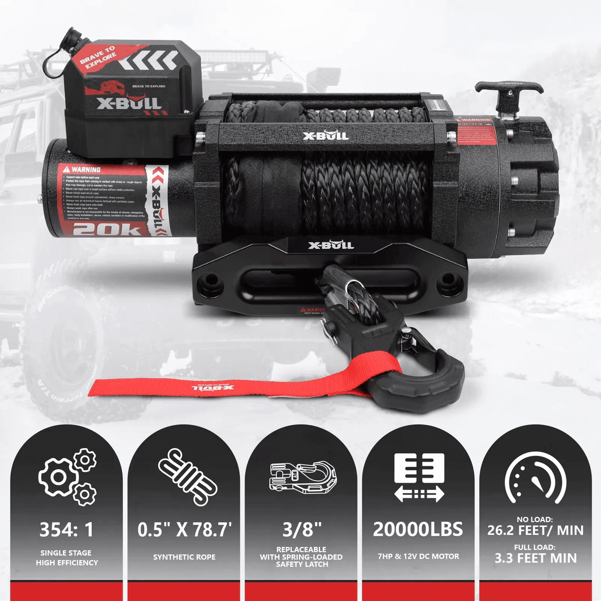 X-BULL 12V Electric Winch 20000LBS Synthetic Rope Truck Trailer Winch 4X4 4WD