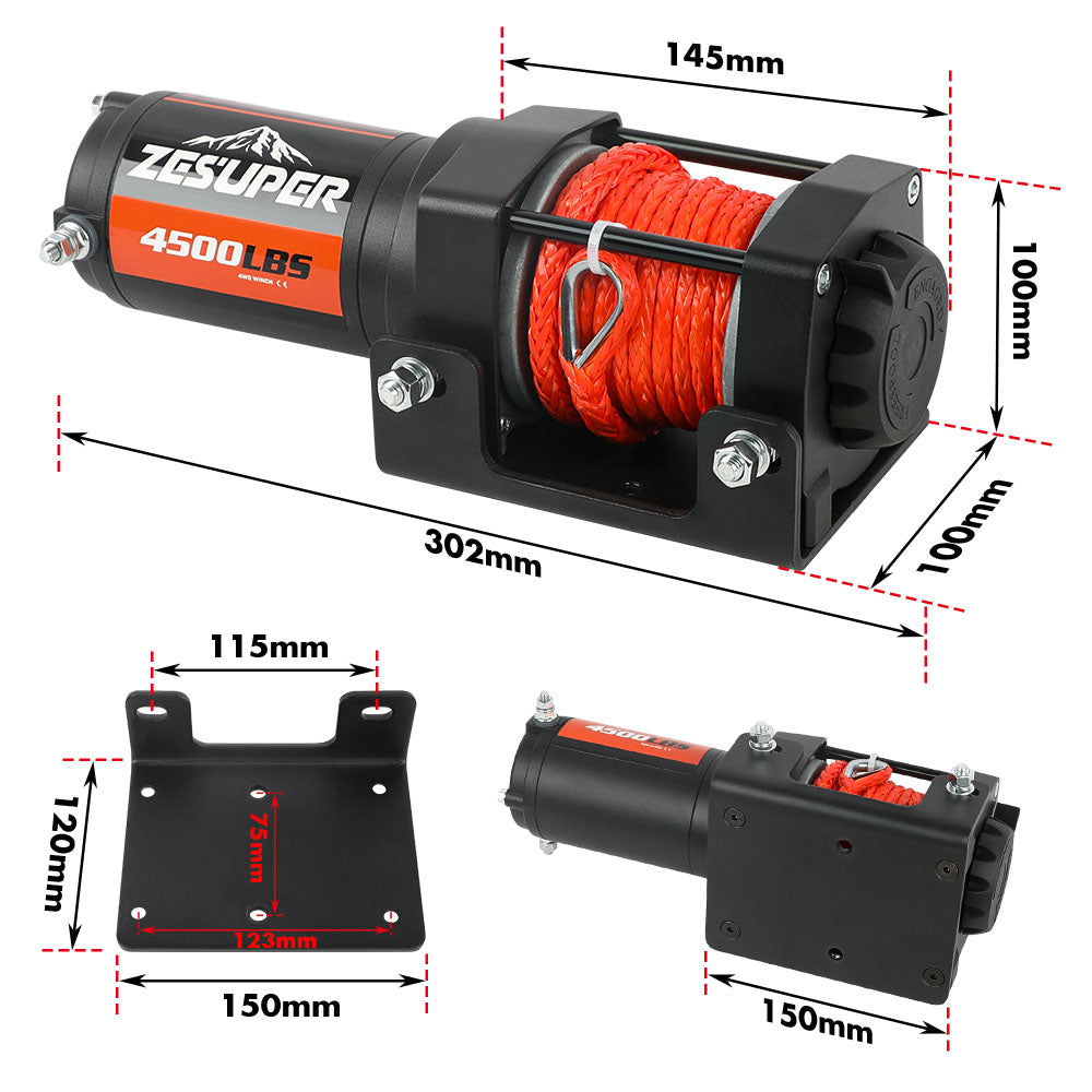 4500lb Electric Winch 12V Synthetic Rope Wireless RemoteX2 Boat Winch ATV Winch Kit Boat Winch UTV 4WD Black
