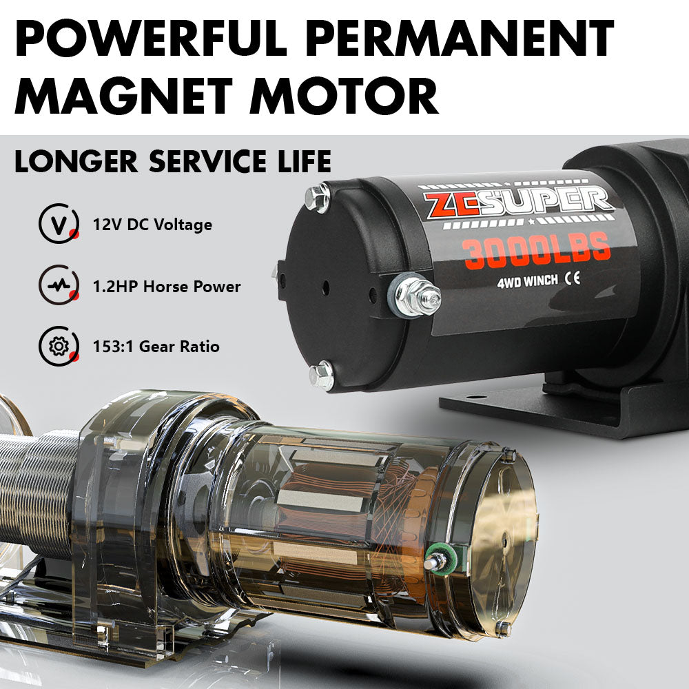 ZESUPER 12V Electric Winch 3000lbs Synthetic Rope Wireless Remote ATV UTV BOAT