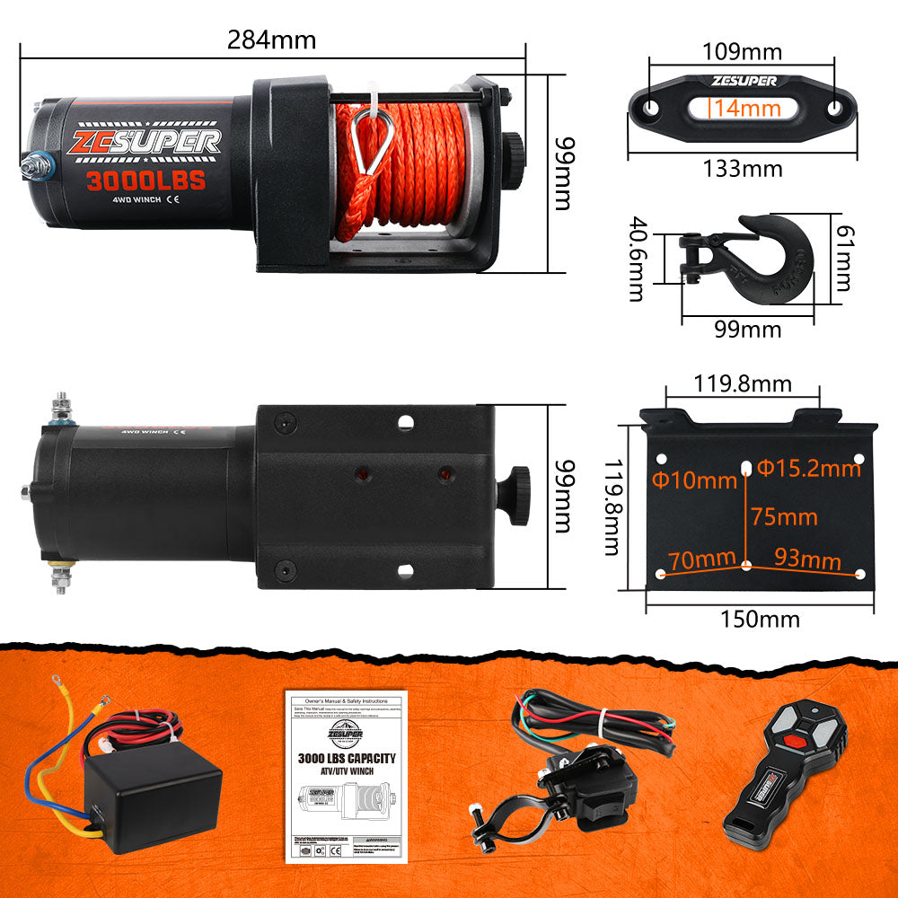 ZESUPER 12V Electric Winch 3000lbs Synthetic Rope Wireless Remote ATV UTV BOAT