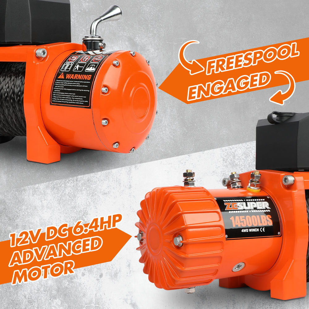 ZESUPER 12V Electric Winch 14500lbs Synthetic Rope Wireless Remote ATV UTV 4WD