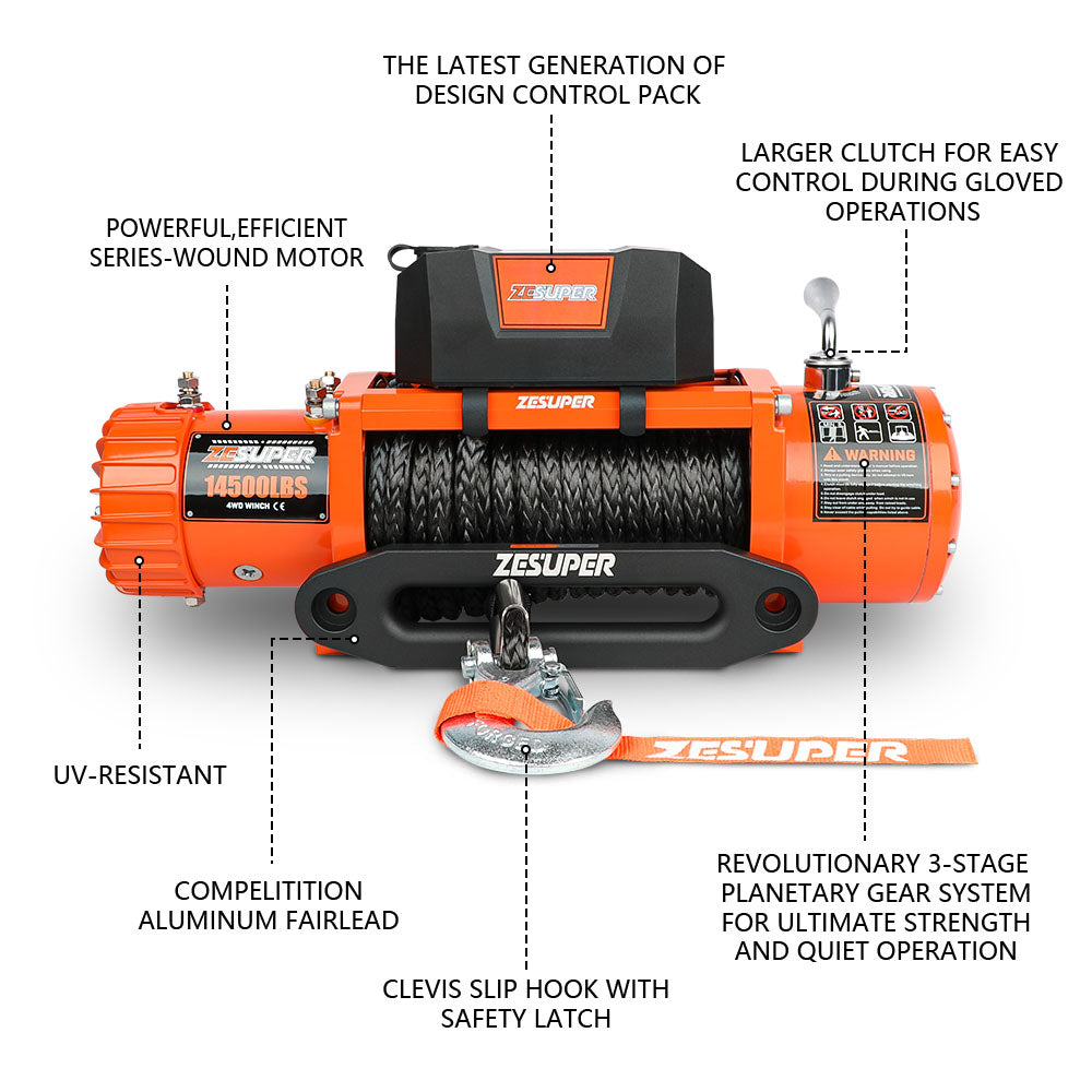 ZESUPER 12V Electric Winch 14500lbs Synthetic Rope Wireless Remote ATV UTV 4WD