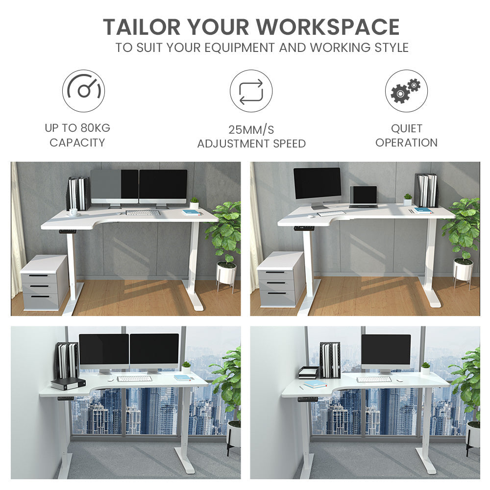 FORTIA 145W x 60D x 85D Dual-Motor 80kg Load Adjustable Sit-Stand Up L-Hand Sided Corner Desk - White/White Frame