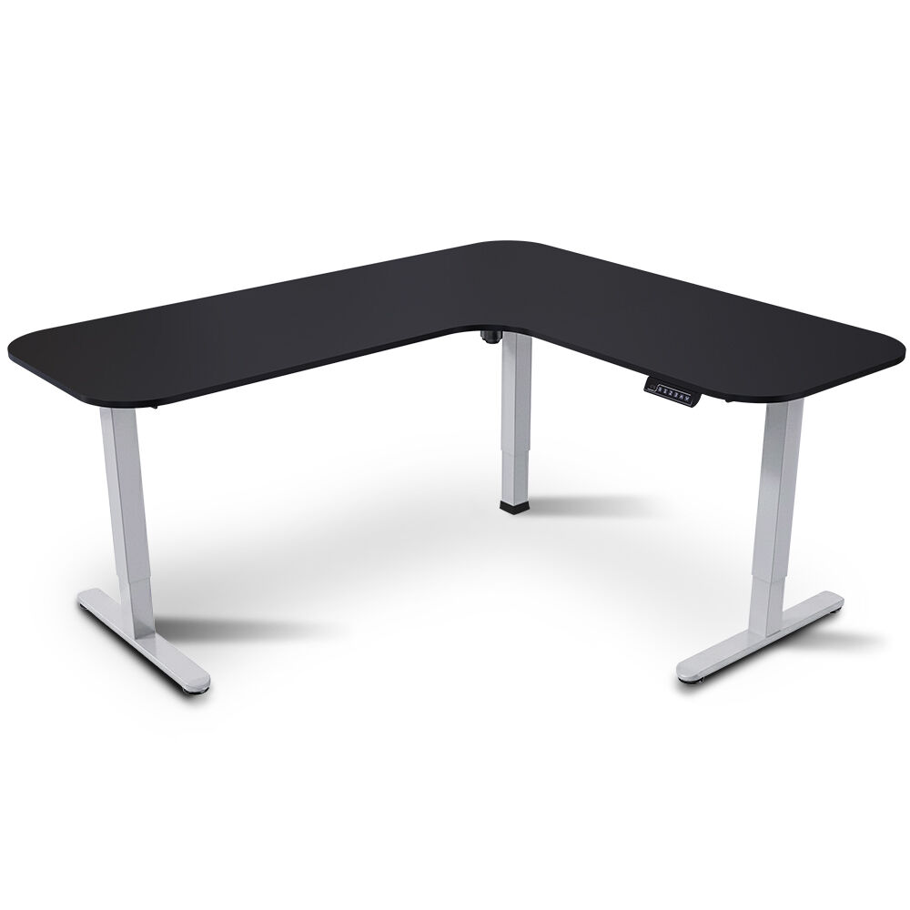 FORTIA Corner Standing Desk, 160x140cm, 72-118cm Sit to Stand Up Electric Height Adjustable, Black Desktop/Silver Frame