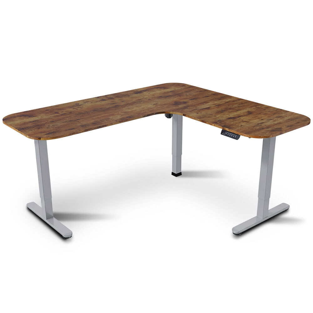 FORTIA Corner Standing Desk, 160x140cm, 72-118cm Sit to Stand Up Electric Height Adjustable, Walnut Style Desktop/Silver Frame