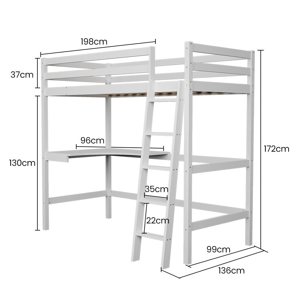 KINGSTON SLUMBER Wooden Kids Single Loft Bed Frame with Desk - White