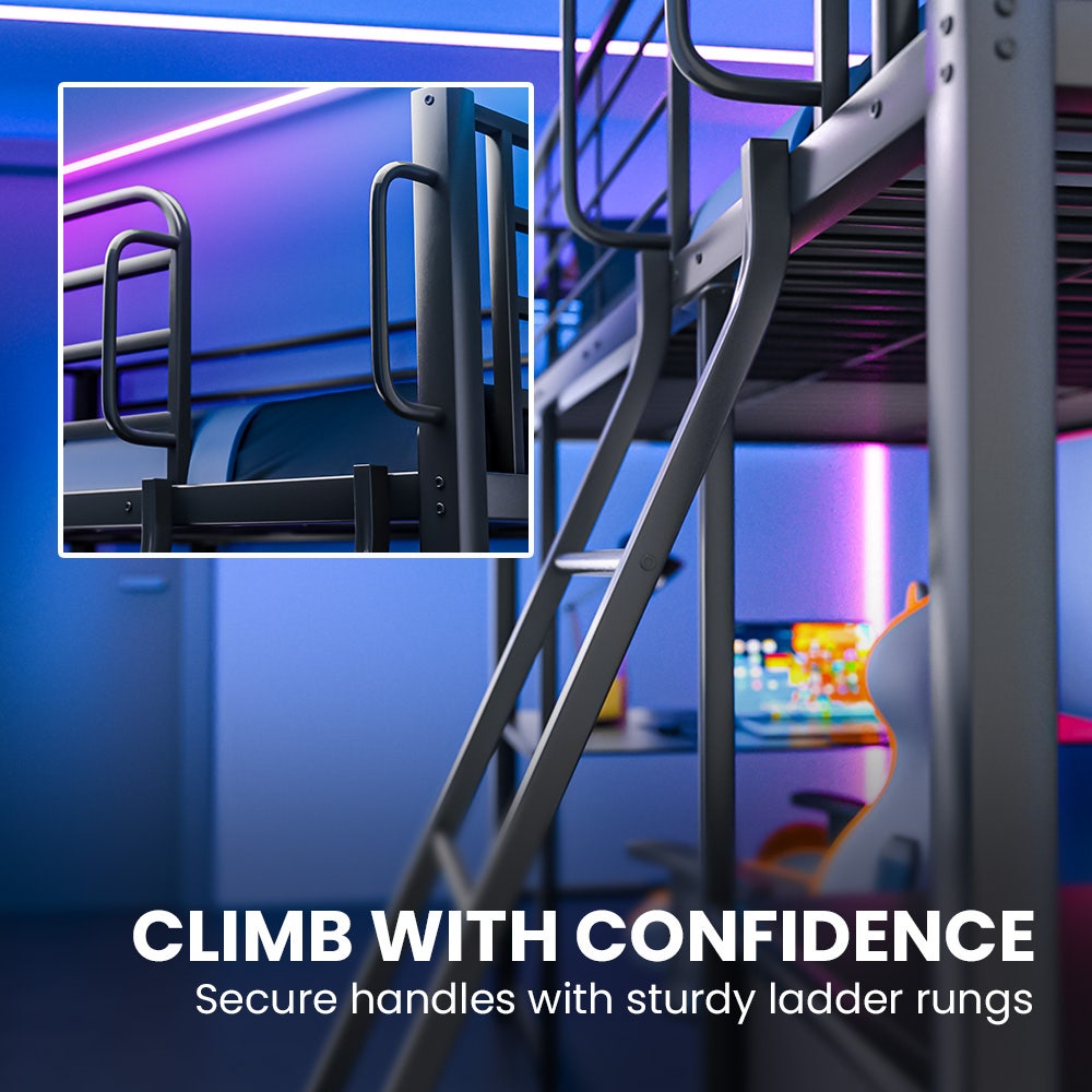 Gaming Loft Bed with Desk and Storage Cabinet, Steel Metal Frame, Space Saving Design, for Single Mattress, Matte Dark Grey