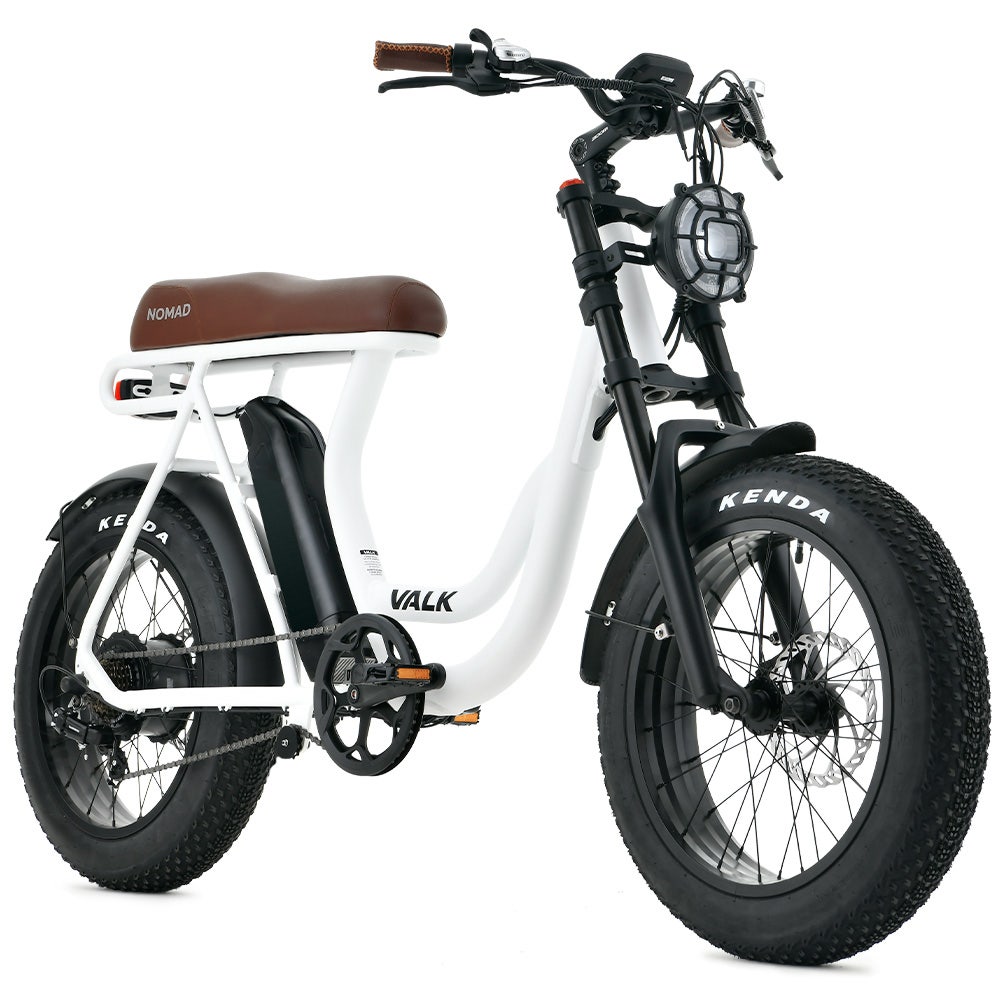 VALK Nomad Electric Fat Tyre Bike, 350W, 32km/hr, Throttle ebike, Disc Brakes, Step-Through Alloy, Shimano 7 spd, 20x4&quot; Kenda Tyres, Suspension, White