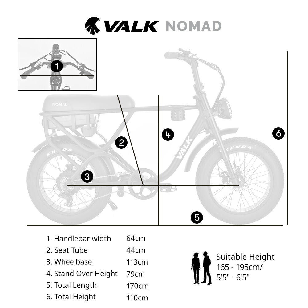 VALK Nomad Electric Fat Tyre Bike, 500W, 45km/hr, Throttle ebike, Disc Brakes, Shimano 7 spd, 20x4" Kenda Tyres, Suspension, Black