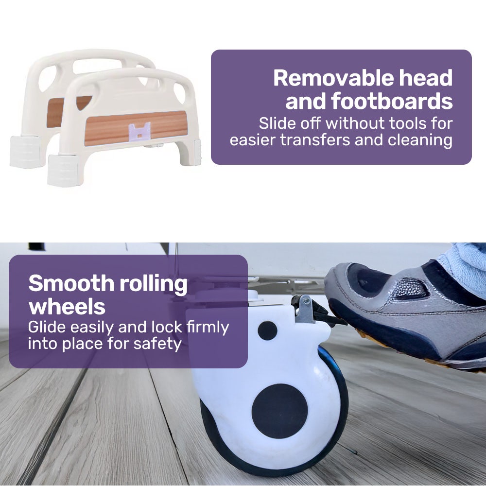 EQUIPMED Electric 8 Function Medical Bed , w/ Mattress & Over Bed Table, Adjustable Back and Leg Lifting, Lateral Tilting, Commode Bowl, IV Pole