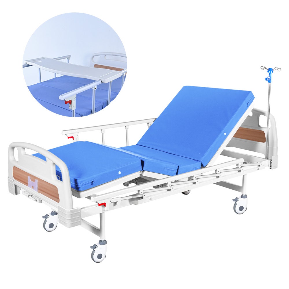 EQUIPMED 4 Function Medical Bed, w/ Mattress &amp; Over Bed Table, Easy Manual Adjustable Back and Leg Incline, IV Pole