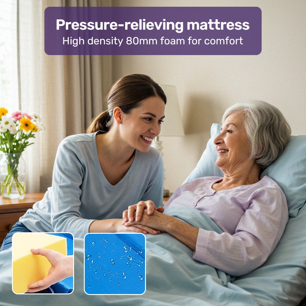 EQUIPMED 4 Function Medical Bed, w/ Mattress & Over Bed Table, Easy Manual Adjustable Back and Leg Incline, IV Pole