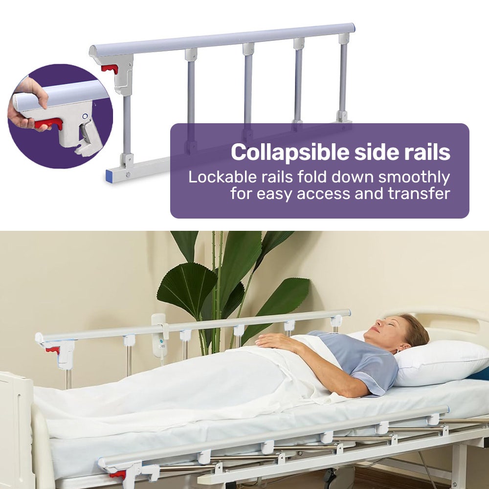 EQUIPMED 4 Function Medical Bed, w/ Mattress & Over Bed Table, Easy Manual Adjustable Back and Leg Incline, IV Pole