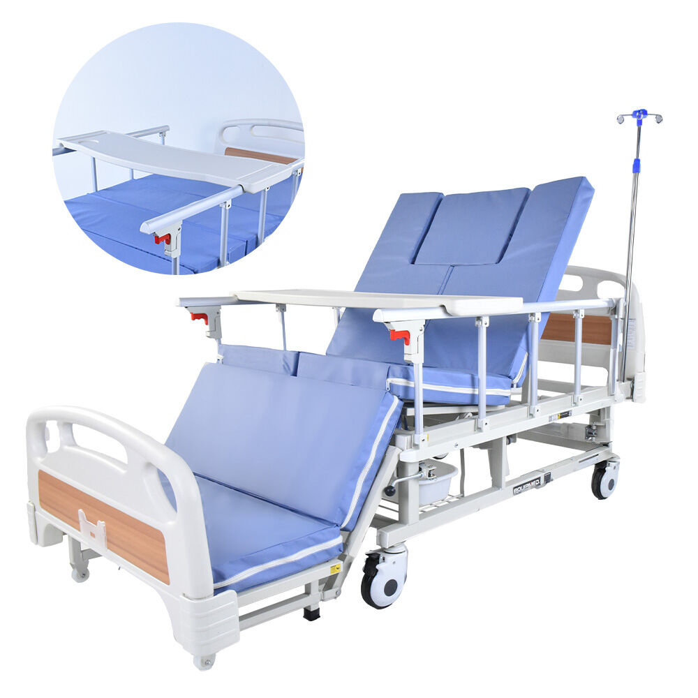 EQUIPMED Medical Bed, w/ Mattress &amp; Over Bed Table, Back and Leg Lifting, Lateral Tilting, Commode Bowl, IV Pole, Home Aged Care or ICU Hospital