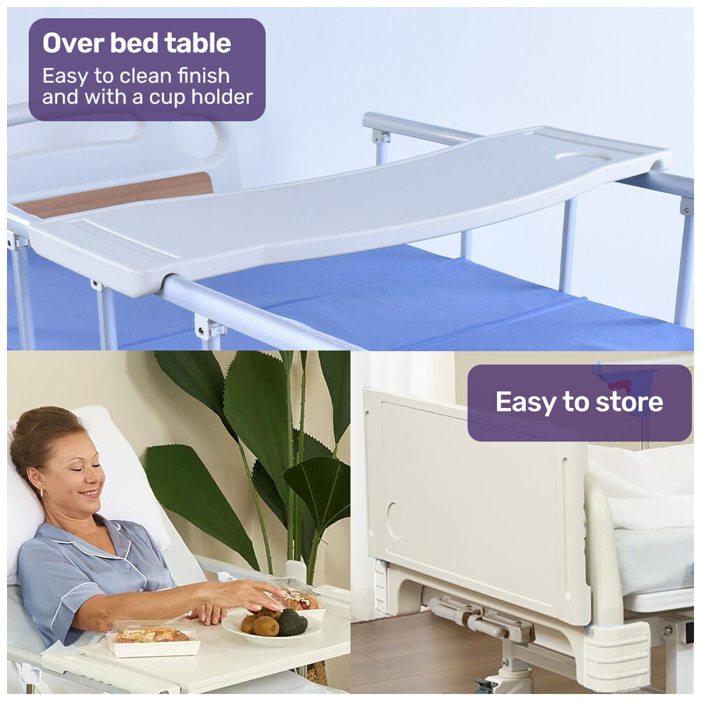 EQUIPMED Medical Bed, w/ Mattress & Over Bed Table, Back and Leg Lifting, Lateral Tilting, Commode Bowl, IV Pole, Home Aged Care or ICU Hospital