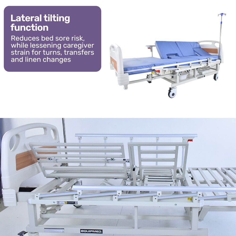 EQUIPMED Medical Bed, w/ Mattress & Over Bed Table, Back and Leg Lifting, Lateral Tilting, Commode Bowl, IV Pole, Home Aged Care or ICU Hospital