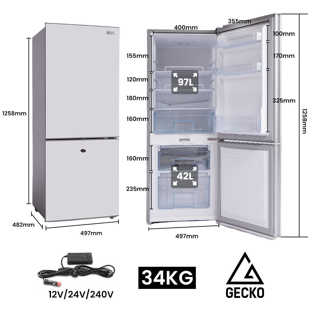 GECKO 139L Upright Portable Fridge / Freezer, 12V/24V/240V for Motorhome and Caravan, Silver